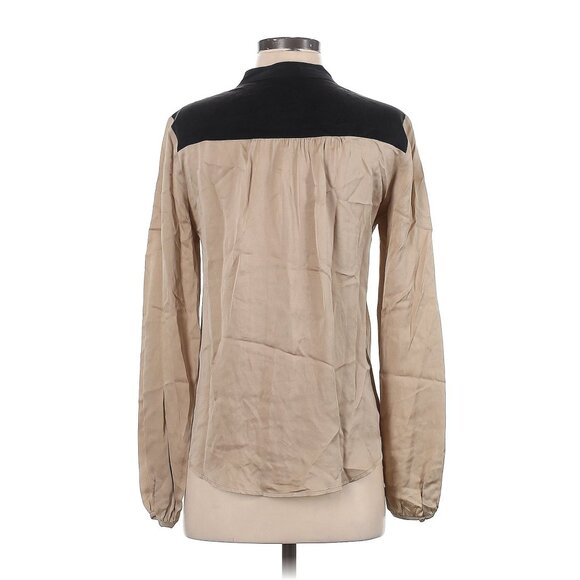 Theory Tan & Black Silk Long Sleeve Henley Blouse Womens Top Size Small - Picture 2 of 3